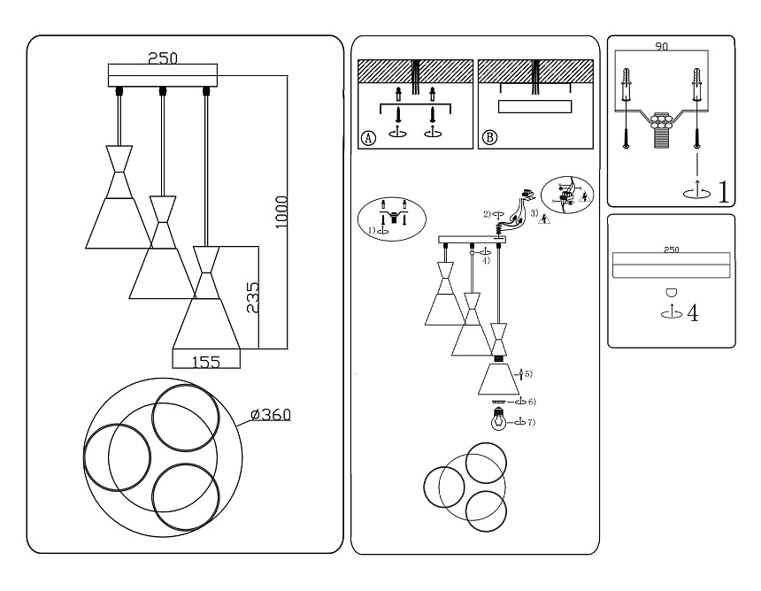 TR3167/3 WH/BK белый/черный E27/3 max 60W D360*1000
